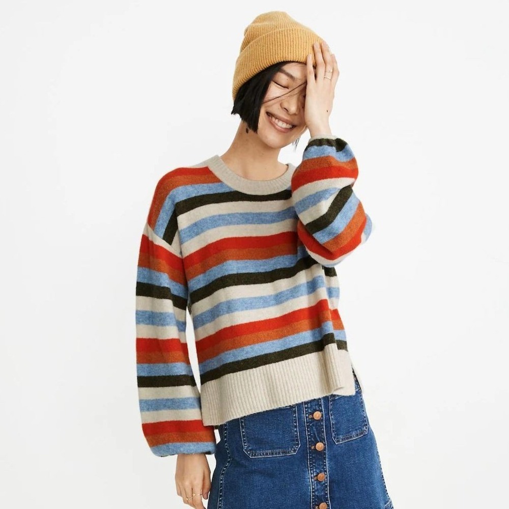Madewell Striped Payton Sweater Wool Alpaca Balloon Sleeve Heather Raindrop M